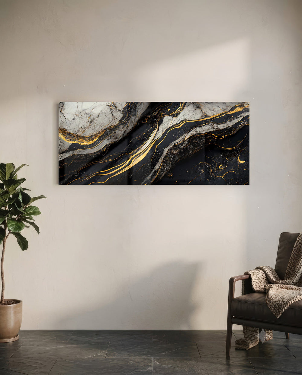 Dramatic black and white marble threaded with molten gold veins. panoramic glass wall art C