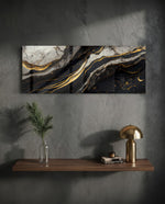 Dramatic black and white marble threaded with molten gold veins. panoramic glass wall art D