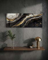 Dramatic black and white marble threaded with molten gold veins. panoramic glass wall art D