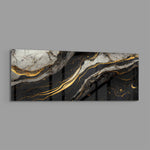 Dramatic black and white marble threaded with molten gold veins. panoramic glass wall art E