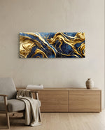 Deep navy marble streaked with thick, swirling rivers of gold. panoramic glass wall art A