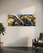 Deep navy marble streaked with thick, swirling rivers of gold. panoramic glass wall art C