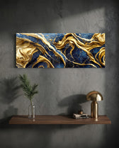 Deep navy marble streaked with thick, swirling rivers of gold. panoramic glass wall art D