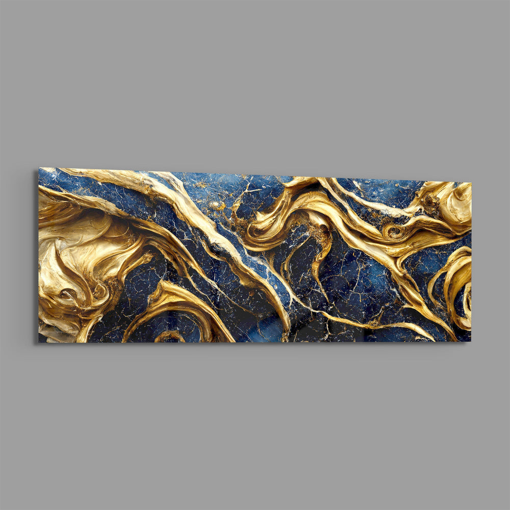 Deep navy marble streaked with thick, swirling rivers of gold. panoramic glass wall art E