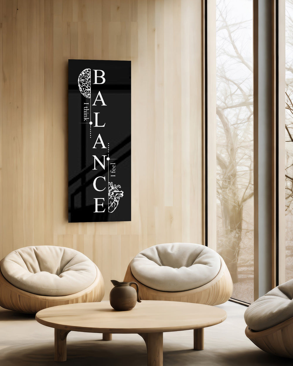 Monochrome motivational typography panel spelling the word balance vertically, flanked by a line-drawn brain and an anatomical heart. panoramic glass wall art C