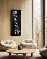 Monochrome motivational typography panel spelling the word balance vertically, flanked by a line-drawn brain and an anatomical heart. panoramic glass wall art C