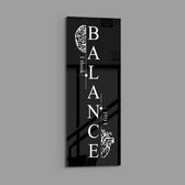 Monochrome motivational typography panel spelling the word balance vertically, flanked by a line-drawn brain and an anatomical heart. panoramic glass wall art E