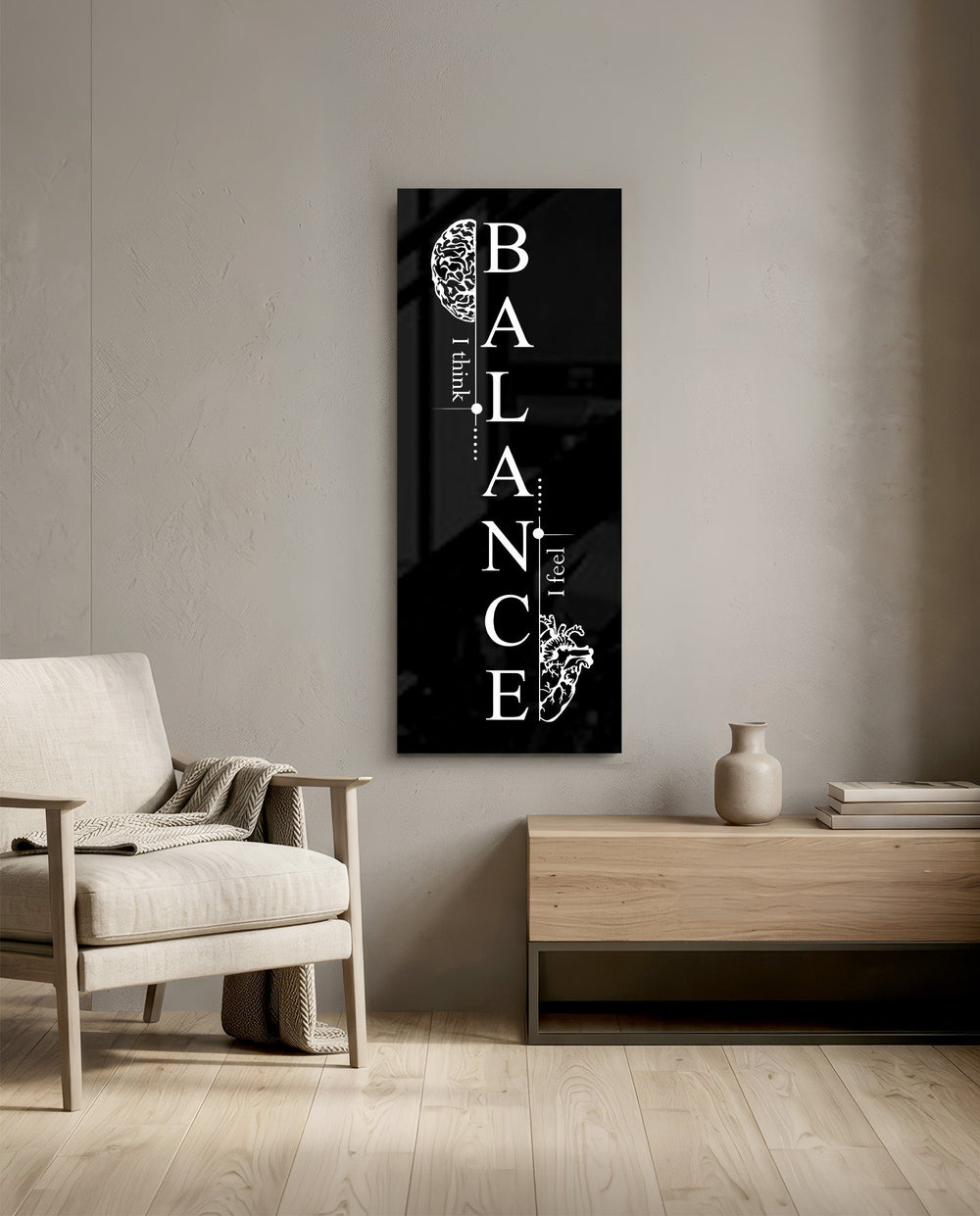 Monochrome motivational typography panel spelling the word balance vertically, flanked by a line-drawn brain and an anatomical heart. panoramic glass wall art F