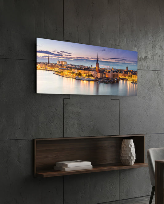 Old Town Waterfront at Dusk Glass Wall Art (36"x14")