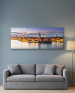 Old Town Waterfront at Dusk Glass Wall Art (36"x14")