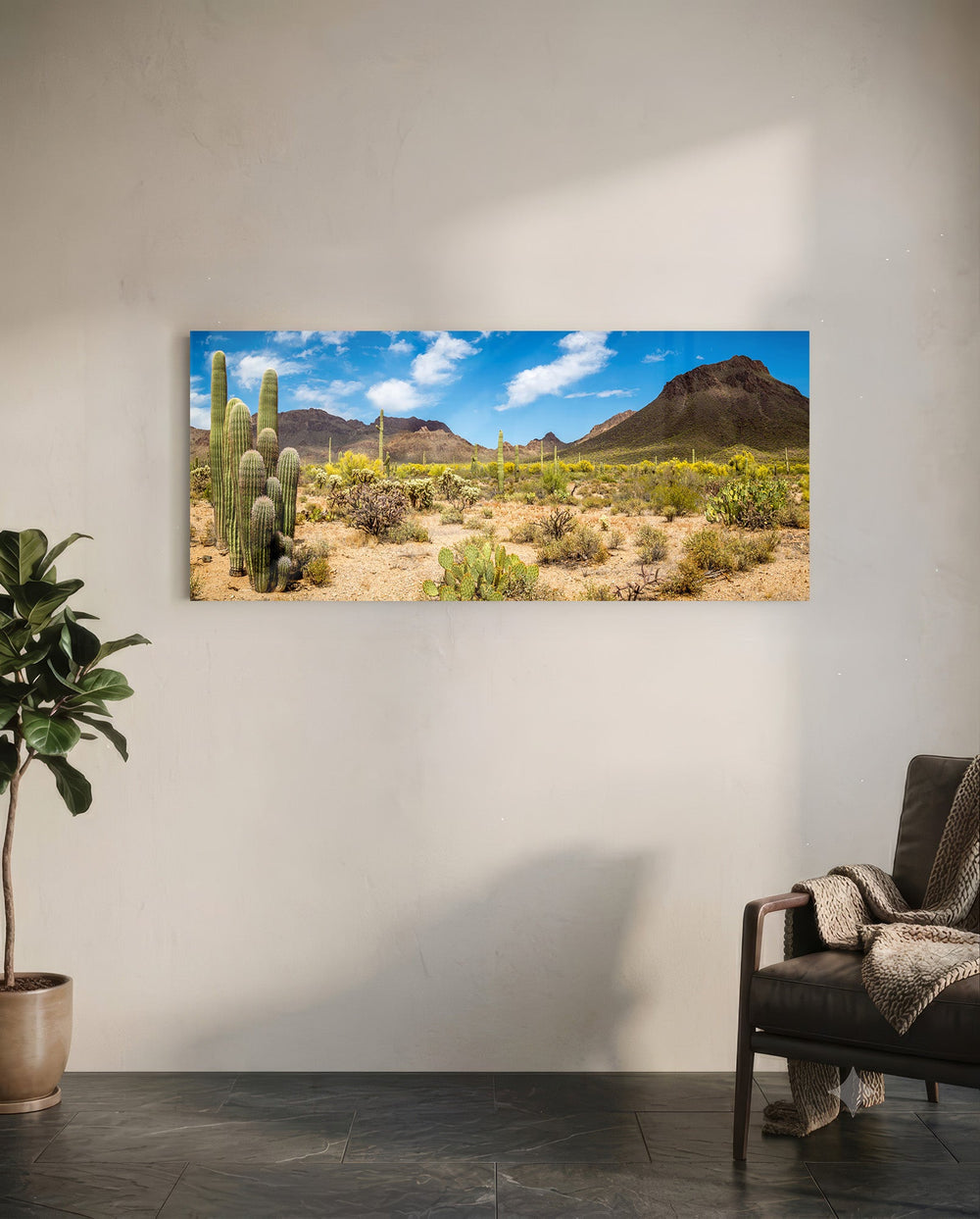 Sun-drenched Sonoran desert panorama with towering saguaro cacti, scrub and rugged mountains under a bright blue sky dotted with puffy clouds. panoramic glass wall art C
