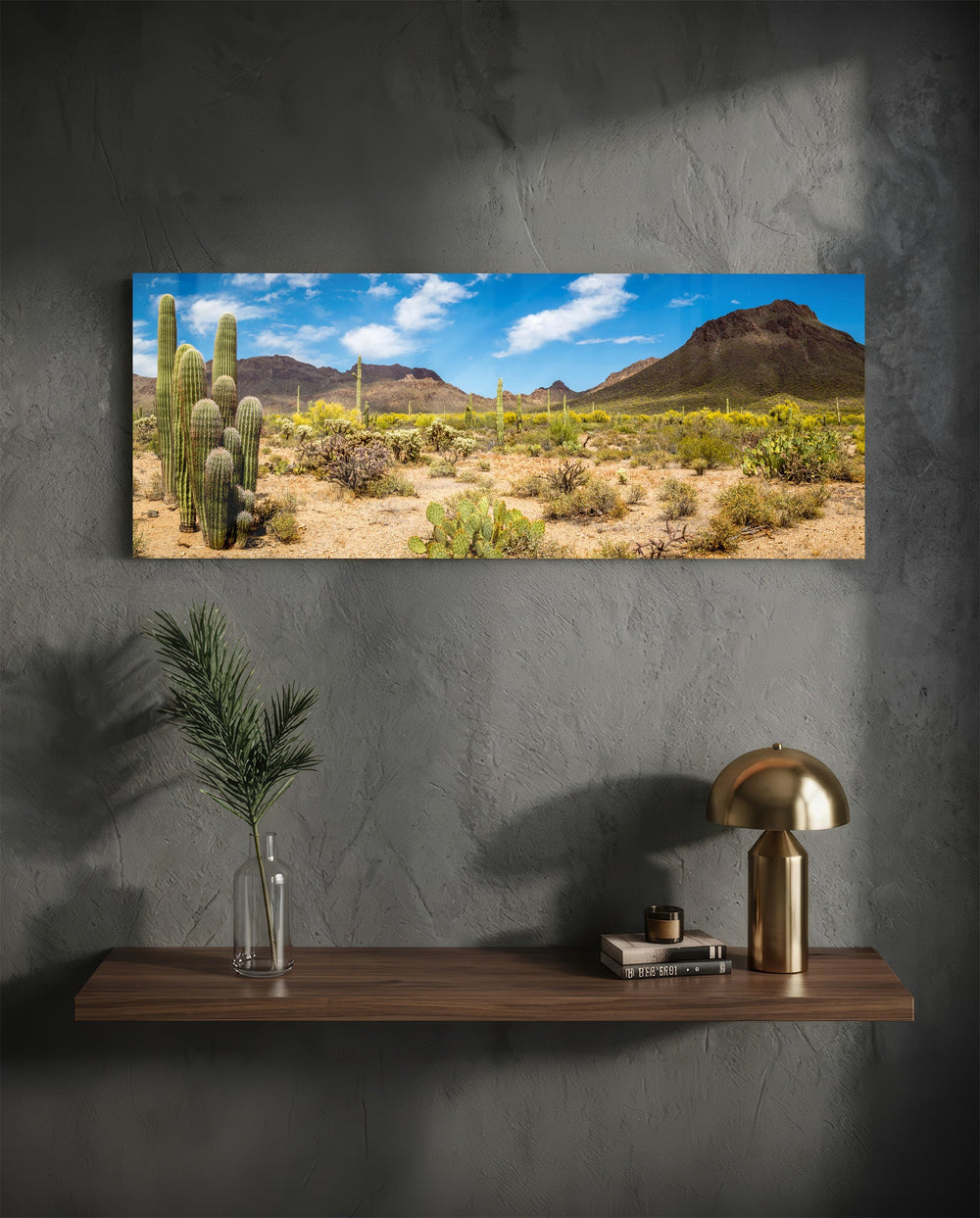 Sun-drenched Sonoran desert panorama with towering saguaro cacti, scrub and rugged mountains under a bright blue sky dotted with puffy clouds. panoramic glass wall art D