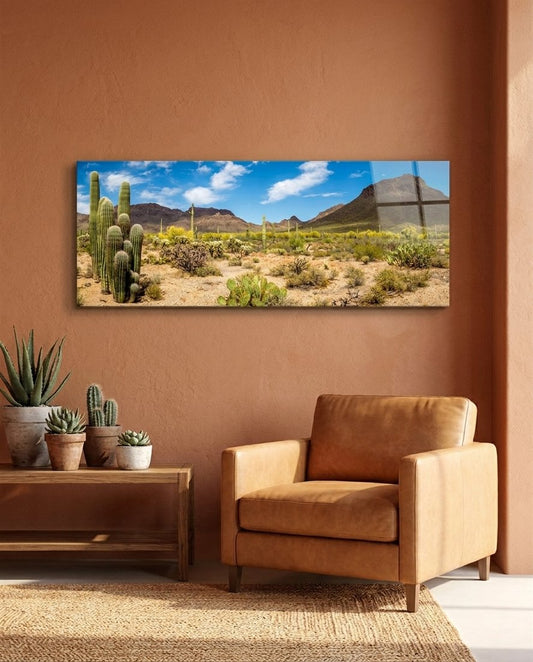 Saguaro Cactus Desert Landscape Glass Wall Art (36"x14")