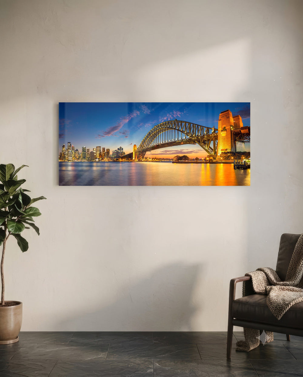 Panoramic harbor city at dusk, a great steel arch bridge lit gold beside a glittering downtown skyline mirrored in calm water. panoramic glass wall art C