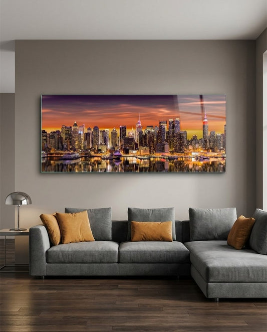 Manhattan Skyline at Sunset Glass Wall Art (36"x14")