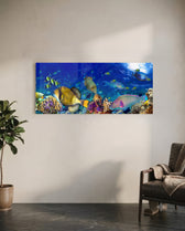 Vivid underwater panorama of a tropical coral reef alive with colorful fish, sunlight rippling through deep blue water. panoramic glass wall art C