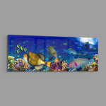 Vivid underwater panorama of a tropical coral reef alive with colorful fish, sunlight rippling through deep blue water. panoramic glass wall art E