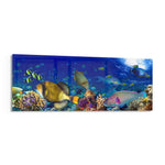 Vivid underwater panorama of a tropical coral reef alive with colorful fish, sunlight rippling through deep blue water. panoramic glass wall art F
