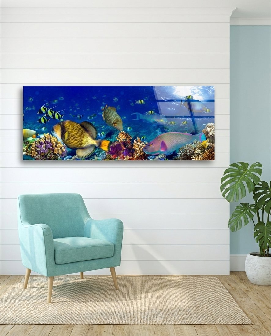 Coral Reef Tropical Fish Glass Wall Art (36"x14")