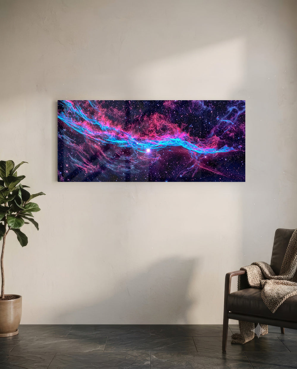 Panoramic deep-space nebula in glowing magenta and electric cyan, scattered with countless stars across a dark cosmic field. panoramic glass wall art C