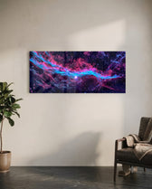 Panoramic deep-space nebula in glowing magenta and electric cyan, scattered with countless stars across a dark cosmic field. panoramic glass wall art C