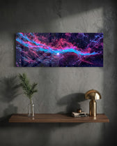 Panoramic deep-space nebula in glowing magenta and electric cyan, scattered with countless stars across a dark cosmic field. panoramic glass wall art D