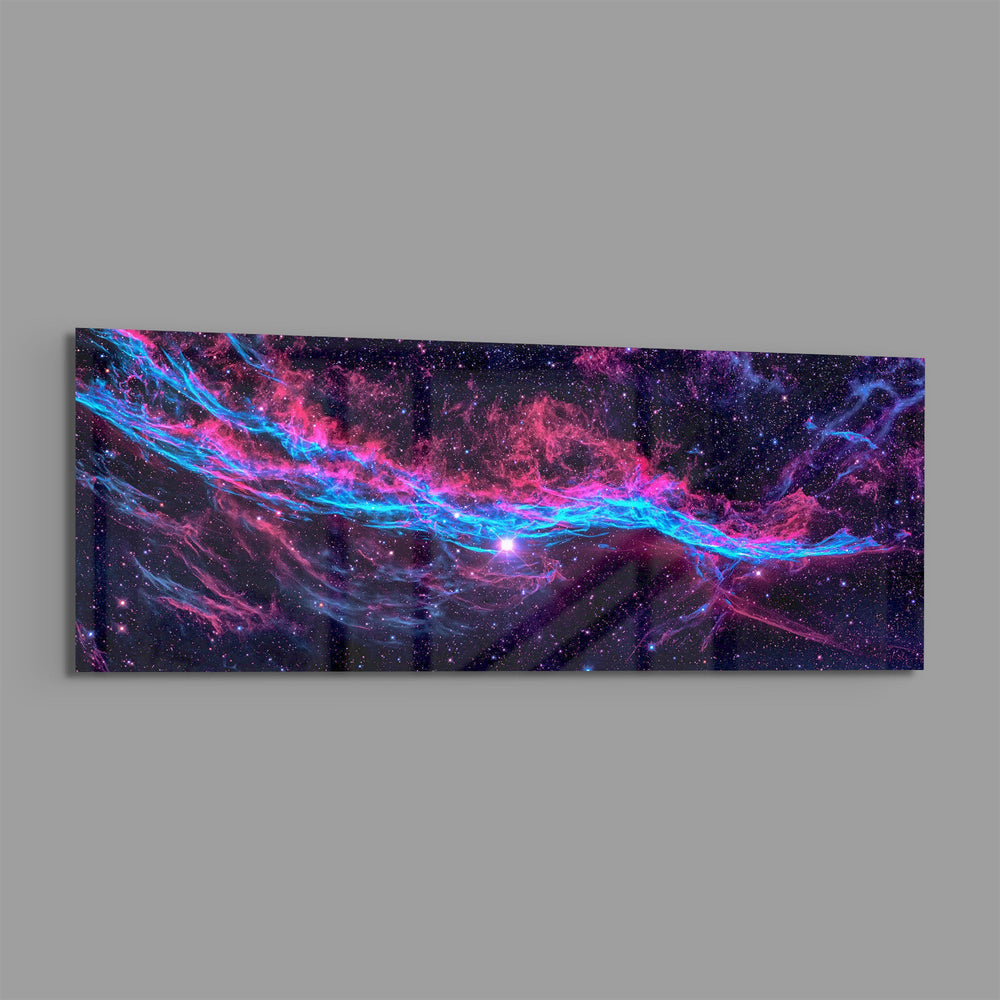 Panoramic deep-space nebula in glowing magenta and electric cyan, scattered with countless stars across a dark cosmic field. panoramic glass wall art E
