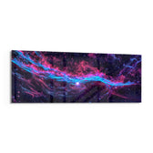 Panoramic deep-space nebula in glowing magenta and electric cyan, scattered with countless stars across a dark cosmic field. panoramic glass wall art F