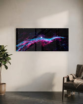 A vivid deep-space nebula with pink and turquoise gas filaments stretching across a starry black sky. panoramic glass wall art C