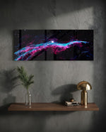 A vivid deep-space nebula with pink and turquoise gas filaments stretching across a starry black sky. panoramic glass wall art D