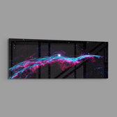 A vivid deep-space nebula with pink and turquoise gas filaments stretching across a starry black sky. panoramic glass wall art E