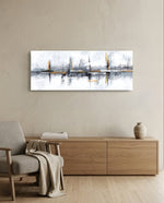 A textured abstract grunge composition in white and gray with burnt-orange accents and vertical brush strokes. panoramic glass wall art A