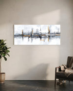 A textured abstract grunge composition in white and gray with burnt-orange accents and vertical brush strokes. panoramic glass wall art C