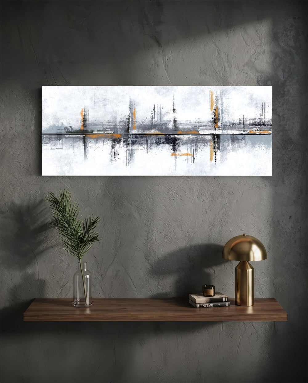A textured abstract grunge composition in white and gray with burnt-orange accents and vertical brush strokes. panoramic glass wall art D