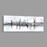 A textured abstract grunge composition in white and gray with burnt-orange accents and vertical brush strokes. panoramic glass wall art E