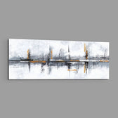 A textured abstract grunge composition in white and gray with burnt-orange accents and vertical brush strokes. panoramic glass wall art E