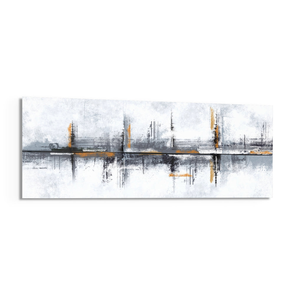 A textured abstract grunge composition in white and gray with burnt-orange accents and vertical brush strokes. panoramic glass wall art F