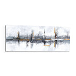 A textured abstract grunge composition in white and gray with burnt-orange accents and vertical brush strokes. panoramic glass wall art F