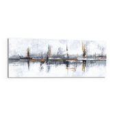 A textured abstract grunge composition in white and gray with burnt-orange accents and vertical brush strokes. panoramic glass wall art F
