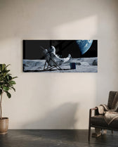 A spacesuited astronaut lounging in a deck chair on the lunar surface while planet Earth hangs in the black sky. panoramic glass wall art C