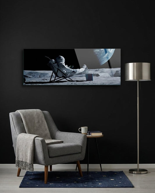 Relaxing Astronaut on the Moon Glass Wall Art (36"x14")