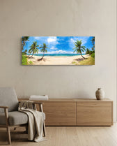 A wide tropical beach lined with leaning coconut palms above turquoise water and a bright blue, cloud-filled sky. panoramic glass wall art A