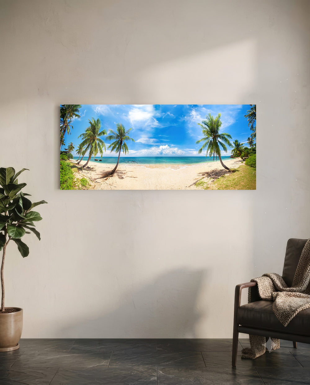 A wide tropical beach lined with leaning coconut palms above turquoise water and a bright blue, cloud-filled sky. panoramic glass wall art C