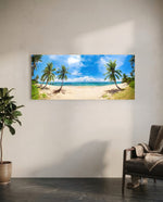 A wide tropical beach lined with leaning coconut palms above turquoise water and a bright blue, cloud-filled sky. panoramic glass wall art C