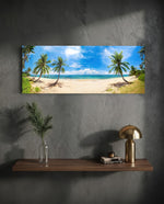A wide tropical beach lined with leaning coconut palms above turquoise water and a bright blue, cloud-filled sky. panoramic glass wall art D