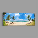 A wide tropical beach lined with leaning coconut palms above turquoise water and a bright blue, cloud-filled sky. panoramic glass wall art E