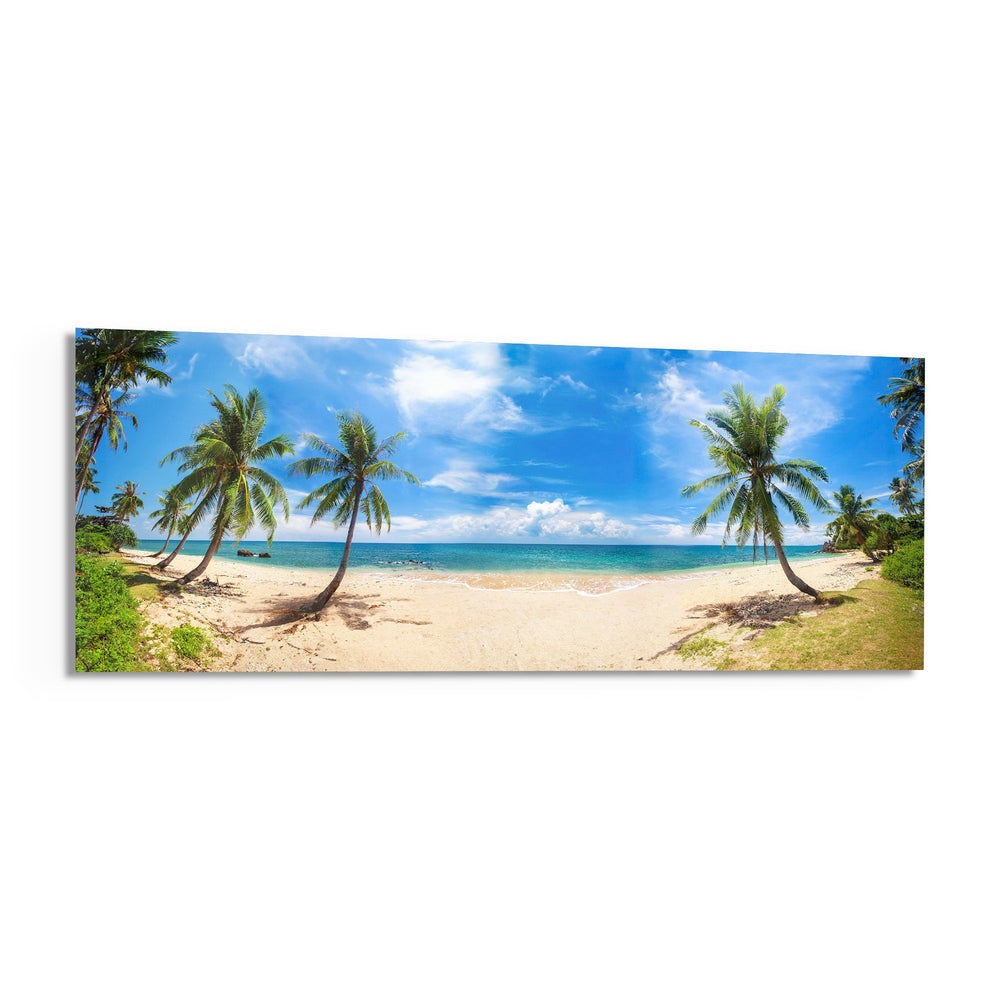 A wide tropical beach lined with leaning coconut palms above turquoise water and a bright blue, cloud-filled sky. panoramic glass wall art F
