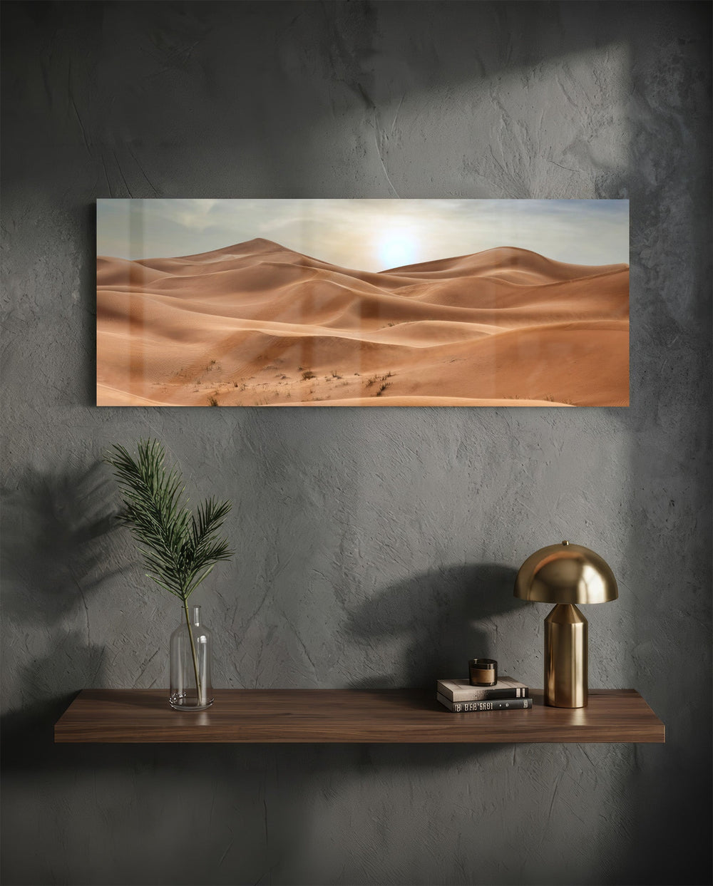 Rolling golden sand dunes rippling toward the horizon under a soft, hazy sun low in a pale sky. panoramic glass wall art D