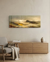 A dreamy valley of rolling green and golden hills wrapped in soft morning mist and warm sunrise light. panoramic glass wall art A