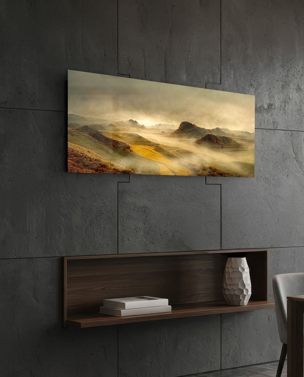 Misty Golden Valley Sunrise Glass Wall Art (36"x14")